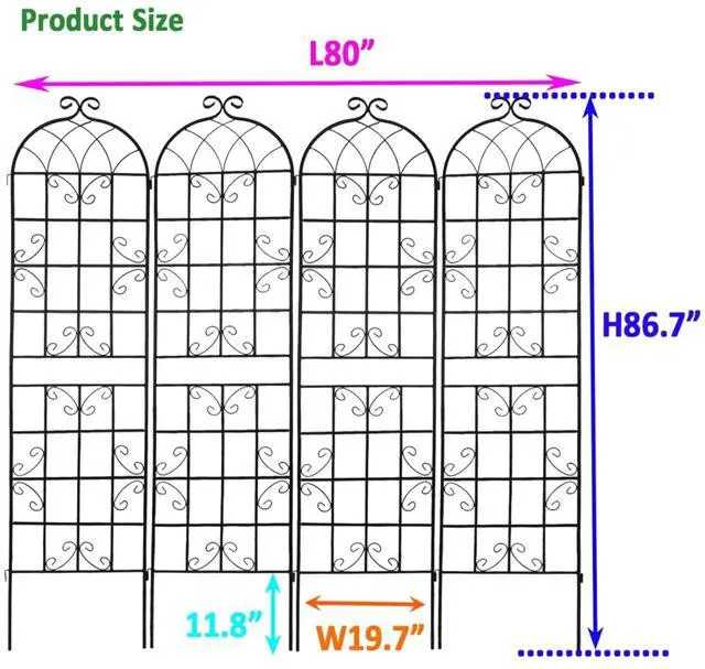Alt view image 2 of 7 - 4 Pack Metal Garden Trellis with Metal Galvanized Tube for Growing Flowers, Plants, Vines, Outdoor Arched Grid Trellis Panels with Elegant Design for Backyard, Porch (Black)