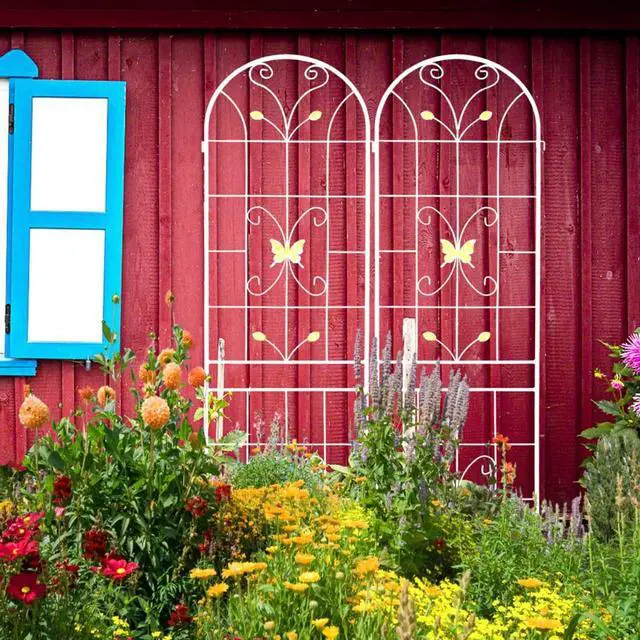 Alt view image 6 of 7 - Metal Garden Trellis with Yellow Butterfly Pattern and Galvanized Round Pipe for Growing Flowers, Vines, Outdoor Flower Support with Iron Frame for Backyard, Garden, Lawn (4 Pack-Cream White)