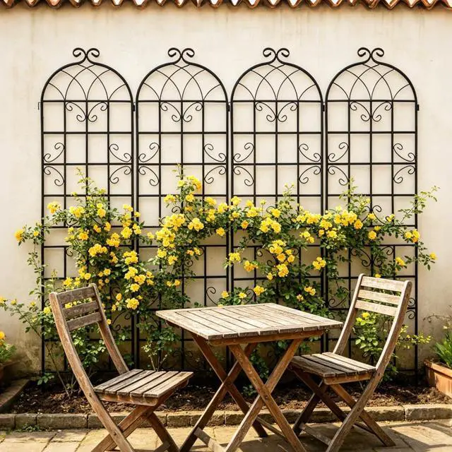 Alt view image 4 of 7 - 4 Pack Metal Garden Trellis with Metal Galvanized Tube for Growing Flowers, Plants, Vines, Outdoor Arched Grid Trellis Panels with Elegant Design for Backyard, Porch (Black)