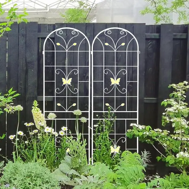 Alt view image 7 of 7 - Metal Garden Trellis with Yellow Butterfly Pattern and Galvanized Round Pipe for Growing Flowers, Vines, Outdoor Flower Support with Iron Frame for Backyard, Garden, Lawn (4 Pack-Cream White)