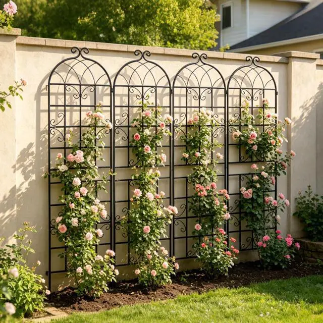 Alt view image 5 of 7 - 4 Pack Metal Garden Trellis with Metal Galvanized Tube for Growing Flowers, Plants, Vines, Outdoor Arched Grid Trellis Panels with Elegant Design for Backyard, Porch (Black)