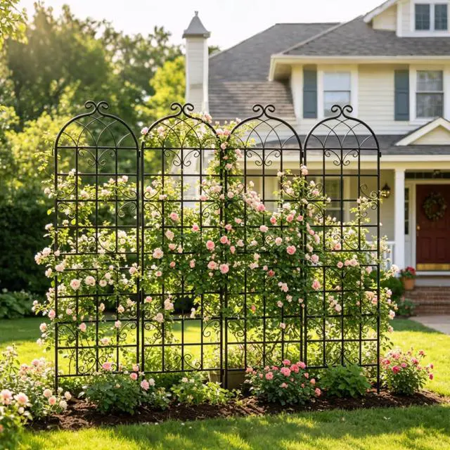 Alt view image 6 of 7 - 4 Pack Metal Garden Trellis with Metal Galvanized Tube for Growing Flowers, Plants, Vines, Outdoor Arched Grid Trellis Panels with Elegant Design for Backyard, Porch (Black)