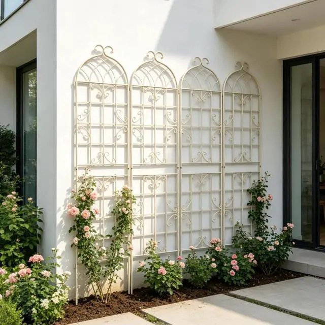 Alt view image 2 of 7 - 4 Pack Metal Garden Trellis with Metal Galvanized Tube for Growing Flowers, Plants, Vines, Outdoor Arched Grid Trellis Panels with Elegant Design for Backyard, Porch (Cream White)