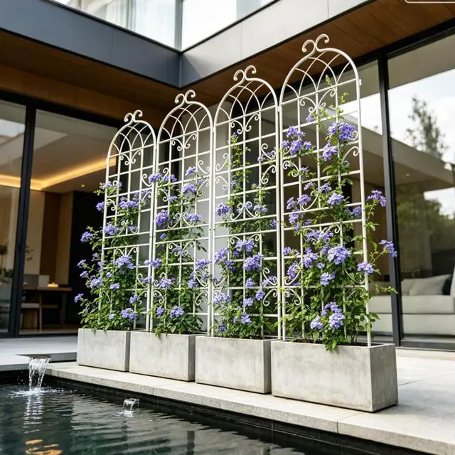 Alt view image 4 of 7 - 4 Pack Metal Garden Trellis with Metal Galvanized Tube for Growing Flowers, Plants, Vines, Outdoor Arched Grid Trellis Panels with Elegant Design for Backyard, Porch (Cream White)