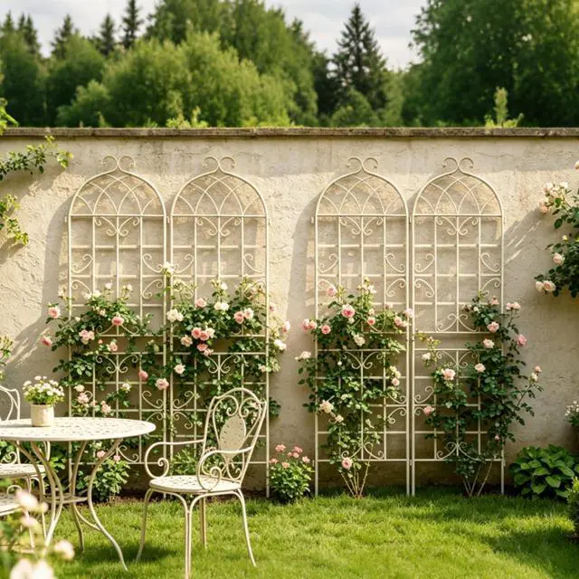 Alt view image 5 of 7 - 4 Pack Metal Garden Trellis with Metal Galvanized Tube for Growing Flowers, Plants, Vines, Outdoor Arched Grid Trellis Panels with Elegant Design for Backyard, Porch (Cream White)