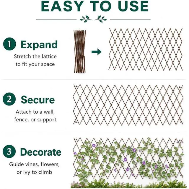 Alt view image 4 of 6 - Expandable Bamboo Trellis Fence with Wood Frame for Climbing Plants, Vines, Ivy, Roses, Outdoor Decorative Fence with Natural Willow Sticks and Rustic Brown Finish for Backyard, Lawn (6PCS)