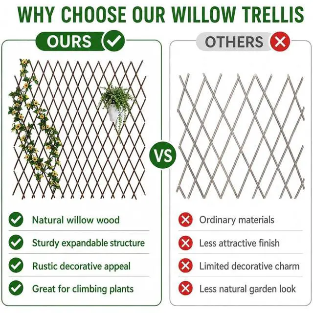 Alt view image 5 of 6 - Expandable Bamboo Trellis Fence with Wood Frame for Climbing Plants, Vines, Ivy, Roses, Outdoor Decorative Fence with Natural Willow Sticks and Rustic Brown Finish for Backyard, Lawn (6PCS)
