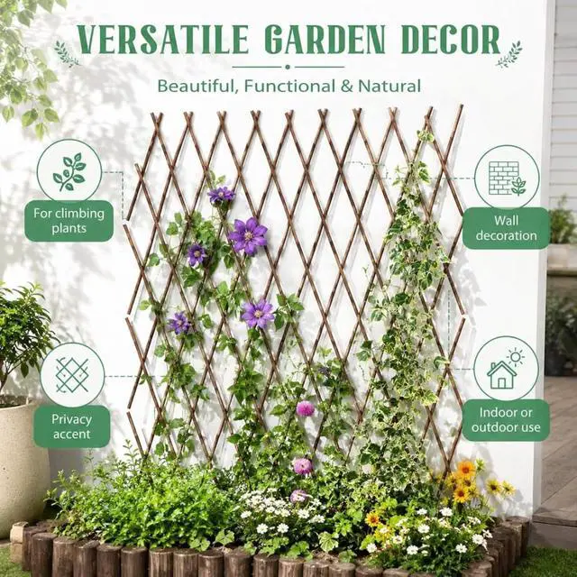 Alt view image 6 of 6 - Expandable Bamboo Trellis Fence with Wood Frame for Climbing Plants, Vines, Ivy, Roses, Outdoor Decorative Fence with Natural Willow Sticks and Rustic Brown Finish for Backyard, Lawn (6PCS)