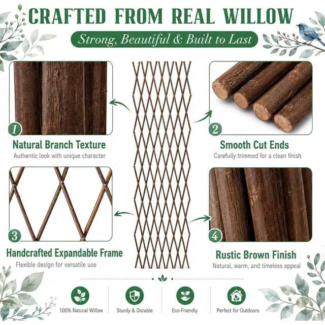 Alt view image 3 of 6 - Expandable Bamboo Trellis Fence with Wood Frame for Climbing Plants, Vines, Ivy, Roses, Outdoor Decorative Fence with Natural Willow Sticks and Rustic Brown Finish for Backyard, Lawn (6PCS)