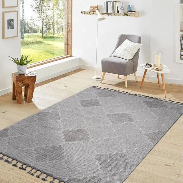 Alt view image 2 of 7 - Multiple Sizes Modern Area Rug, Indoor Medium Pile Height Trellis Area Rug for Seamless Placement Underneath Furniture or Entryways (5X7 White/Grey)