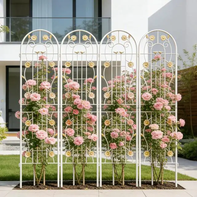 Alt view image 3 of 7 - Metal Garden Trellis with Iron Frame and Powder Coating Surface for Growing Flowers, Vegetables, Plants, Outdoor Grid Panels with Decorative Flower Pattern for Backyard (4 Pack)