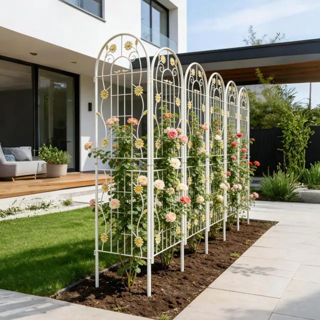 Alt view image 4 of 7 - Metal Garden Trellis with Iron Frame and Powder Coating Surface for Growing Flowers, Vegetables, Plants, Outdoor Grid Panels with Decorative Flower Pattern for Backyard (4 Pack)