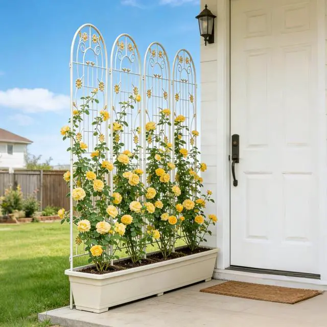 Alt view image 6 of 7 - Metal Garden Trellis with Iron Frame and Powder Coating Surface for Growing Flowers, Vegetables, Plants, Outdoor Grid Panels with Decorative Flower Pattern for Backyard (4 Pack)