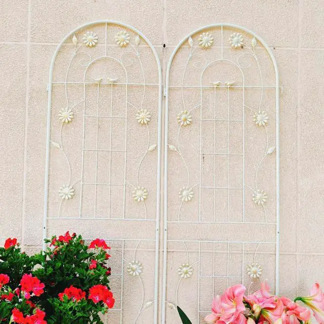 Alt view image 7 of 7 - Metal Garden Trellis with Iron Frame and Powder Coating Surface for Growing Flowers, Vegetables, Plants, Outdoor Grid Panels with Decorative Flower Pattern for Backyard (4 Pack)