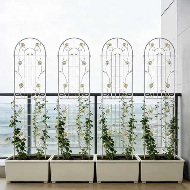 Main image of Metal Garden Trellis with Iron Frame and Decorative Flower Pattern for Growing Flowers, Vegetables, Plants, Outdoor Cream White Rustproof Trellis with Powder Coating Surface for Backyard (4 Pack)