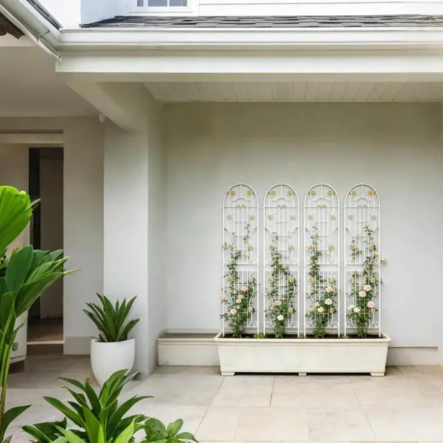 Alt view image 5 of 7 - Metal Garden Trellis with Iron Frame and Decorative Flower Pattern for Growing Flowers, Vegetables, Plants, Outdoor Cream White Rustproof Trellis with Powder Coating Surface for Backyard (4 Pack)
