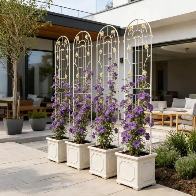Alt view image 6 of 7 - Metal Garden Trellis with Iron Frame and Decorative Flower Pattern for Growing Flowers, Vegetables, Plants, Outdoor Cream White Rustproof Trellis with Powder Coating Surface for Backyard (4 Pack)