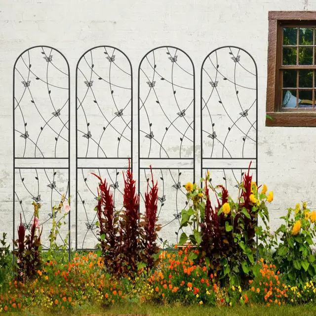 Main image of Metal Garden Trellis with Decorative Butterfly and Leaf for Climbing Roses, Cucumber, Vine, Outdoor Rustproof Trellis with Iron Frame for Backyard, Garden, Lawn (4 Pack-H86'')