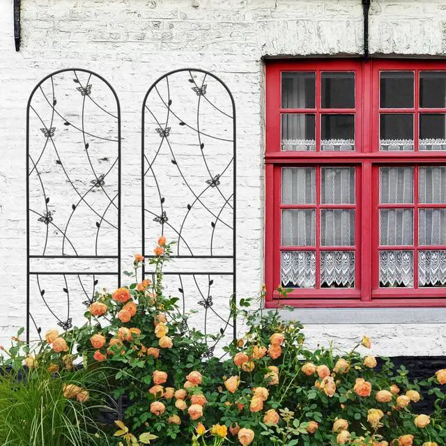 Alt view image 6 of 7 - Metal Garden Trellis with Decorative Butterfly and Leaf for Climbing Roses, Cucumber, Vine, Outdoor Rustproof Trellis with Iron Frame for Backyard, Garden, Lawn (4 Pack-H86'')