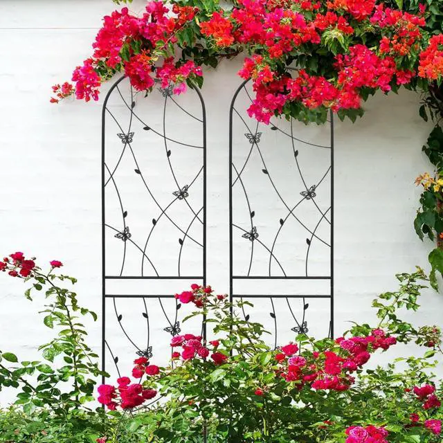 Alt view image 7 of 7 - Metal Garden Trellis with Decorative Butterfly and Leaf for Climbing Roses, Cucumber, Vine, Outdoor Rustproof Trellis with Iron Frame for Backyard, Garden, Lawn (4 Pack-H86'')