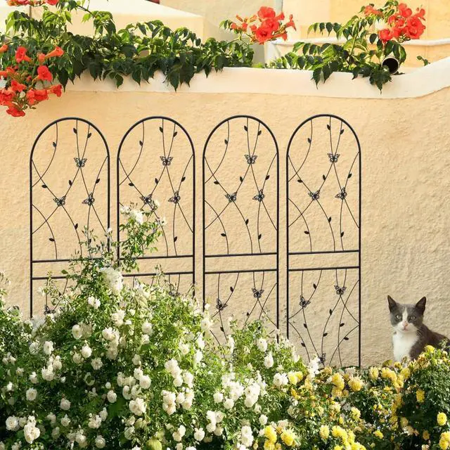 Main image of Metal Garden Trellis with Decorative Butterfly and Leaf for Climbing Roses, Cucumber, Vine, Outdoor Rustproof Trellis with Iron Frame for Backyard, Garden, Lawn (4 Pack-H71'')