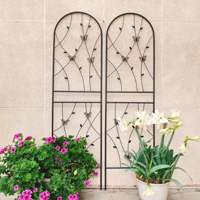 Alt view image 3 of 7 - Metal Garden Trellis with Decorative Butterfly and Leaf for Climbing Roses, Cucumber, Vine, Outdoor Rustproof Trellis with Iron Frame for Backyard, Garden, Lawn (4 Pack-H71'')