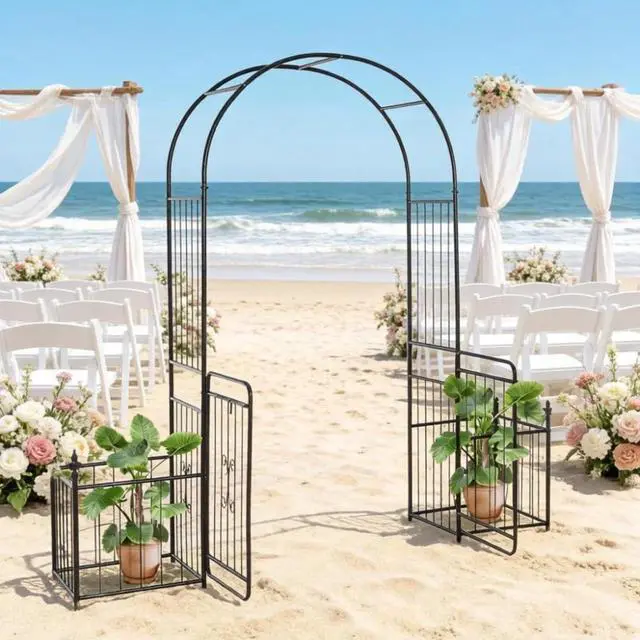 Alt view image 2 of 7 - Lawn Archway with Two Planter Boxes and Double-Door Gate for Growing Flowers, Plants, Outdoor Metal Arch Trellis with Delicate Lines Design and Top Horizontal Bars for Wedding, Party
