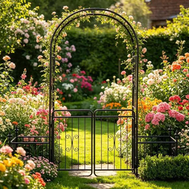 Alt view image 3 of 7 - Lawn Archway with Two Planter Boxes and Double-Door Gate for Growing Flowers, Plants, Outdoor Metal Arch Trellis with Delicate Lines Design and Top Horizontal Bars for Wedding, Party