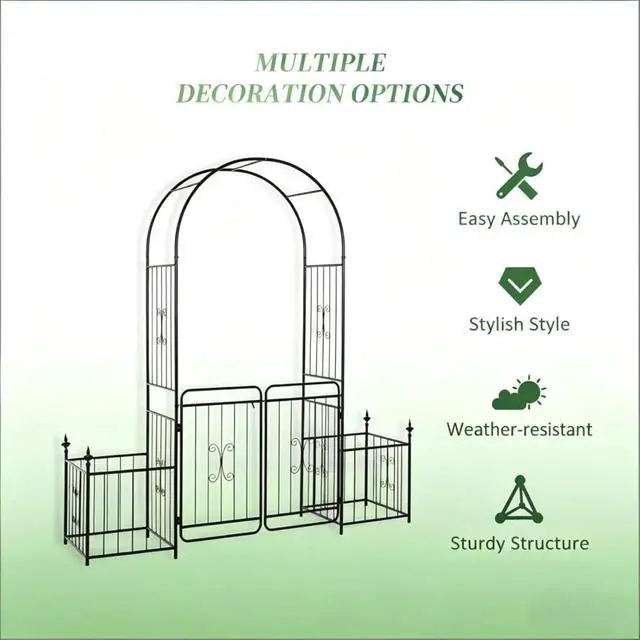 Alt view image 5 of 7 - Lawn Archway with Two Planter Boxes and Double-Door Gate for Growing Flowers, Plants, Outdoor Metal Arch Trellis with Delicate Lines Design and Top Horizontal Bars for Wedding, Party