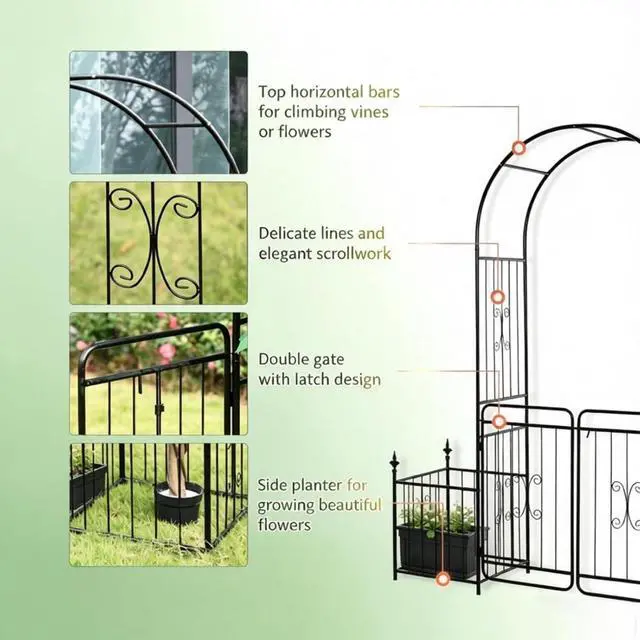 Alt view image 6 of 7 - Lawn Archway with Two Planter Boxes and Double-Door Gate for Growing Flowers, Plants, Outdoor Metal Arch Trellis with Delicate Lines Design and Top Horizontal Bars for Wedding, Party