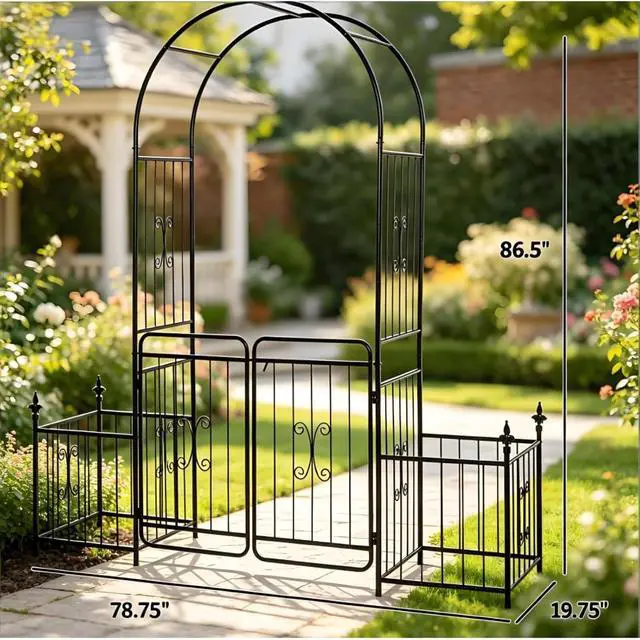Alt view image 7 of 7 - Lawn Archway with Two Planter Boxes and Double-Door Gate for Growing Flowers, Plants, Outdoor Metal Arch Trellis with Delicate Lines Design and Top Horizontal Bars for Wedding, Party