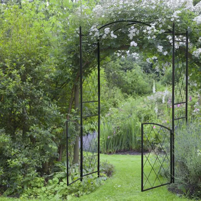 Alt view image 2 of 7 - Garden Arch Arbor with Double-Door Gate and Wire Patterns for Growing Flowers, Plants, Outdoor Archway with Top Horizontal Bars for Backyard, Lawn, Poolside
