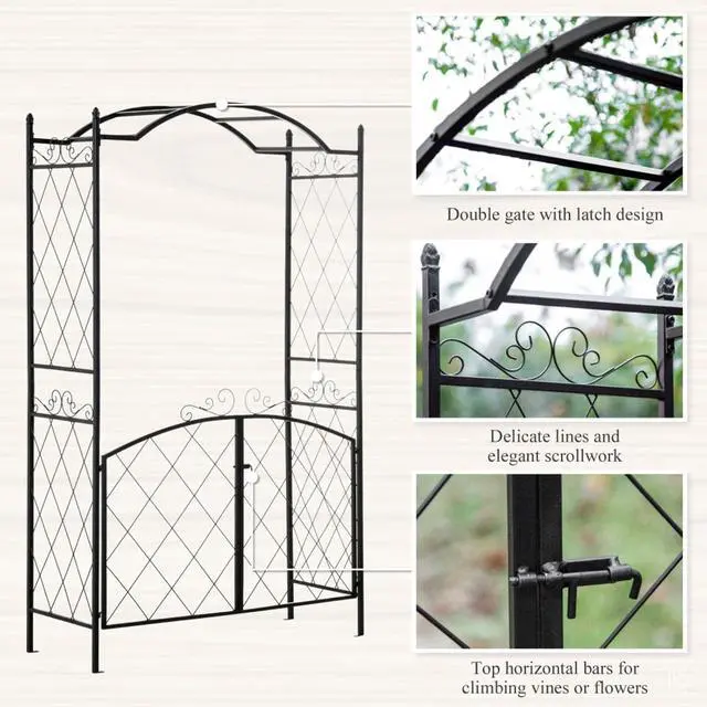 Alt view image 6 of 7 - Garden Arch Arbor with Double-Door Gate and Wire Patterns for Growing Flowers, Plants, Outdoor Archway with Top Horizontal Bars for Backyard, Lawn, Poolside