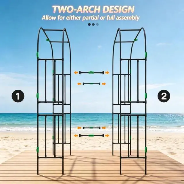 Alt view image 3 of 7 - Sturdy Plant Trellis with PE-Coated Steel Frame and Green Climbing Net for Garden, Lawn, Outdoor Garden Arch Trellis with Two-Arch Design for Growing Flowers, Plants, Vines