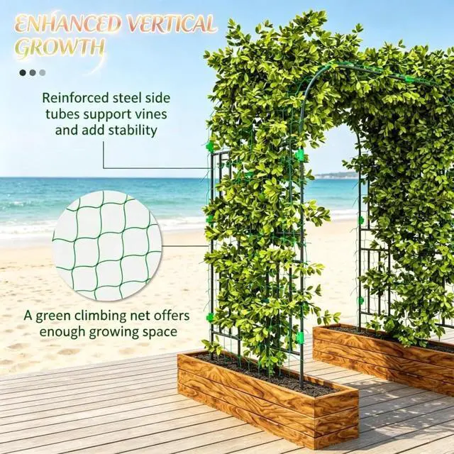 Alt view image 5 of 7 - Sturdy Plant Trellis with PE-Coated Steel Frame and Green Climbing Net for Garden, Lawn, Outdoor Garden Arch Trellis with Two-Arch Design for Growing Flowers, Plants, Vines