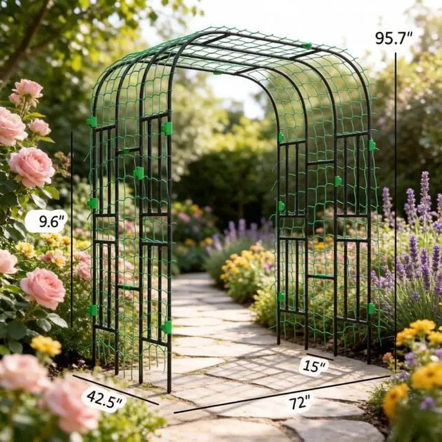 Alt view image 7 of 7 - Sturdy Plant Trellis with PE-Coated Steel Frame and Green Climbing Net for Garden, Lawn, Outdoor Garden Arch Trellis with Two-Arch Design for Growing Flowers, Plants, Vines