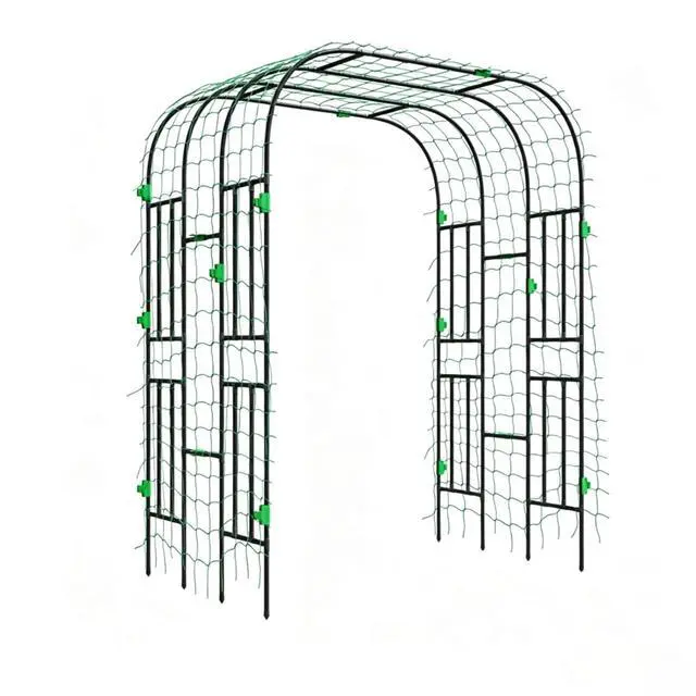 Alt view image 6 of 7 - Sturdy Plant Trellis with PE-Coated Steel Frame and Green Climbing Net for Garden, Lawn, Outdoor Garden Arch Trellis with Two-Arch Design for Growing Flowers, Plants, Vines