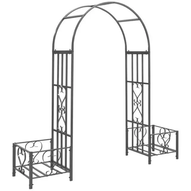 Alt view image 2 of 7 - Garden Arch Arbor with Scrollwork Hearts Pattern and Two Planter Boxes for Growing Flowers, Plants, Outdoor Arbour Archway with Steel Tubing for Ceremony, Weddings, Party