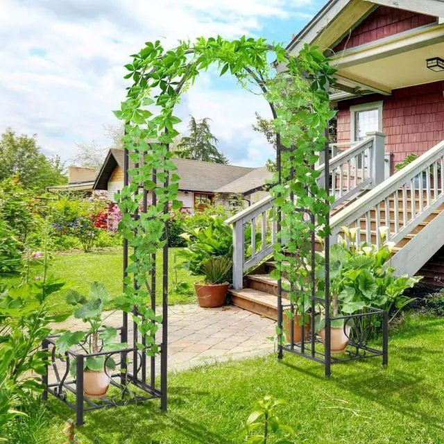 Main image of Garden Arch Arbor with Scrollwork Hearts Pattern and Two Planter Boxes for Growing Flowers, Plants, Outdoor Arbour Archway with Steel Tubing for Ceremony, Weddings, Party