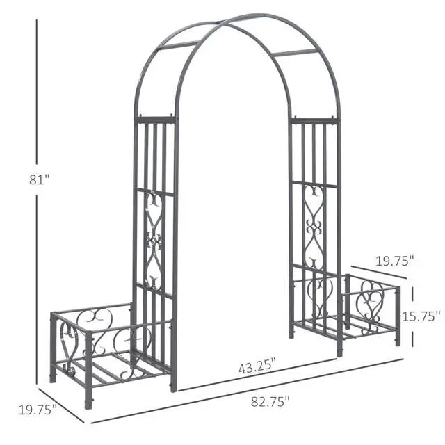 Alt view image 3 of 7 - Garden Arch Arbor with Scrollwork Hearts Pattern and Two Planter Boxes for Growing Flowers, Plants, Outdoor Arbour Archway with Steel Tubing for Ceremony, Weddings, Party