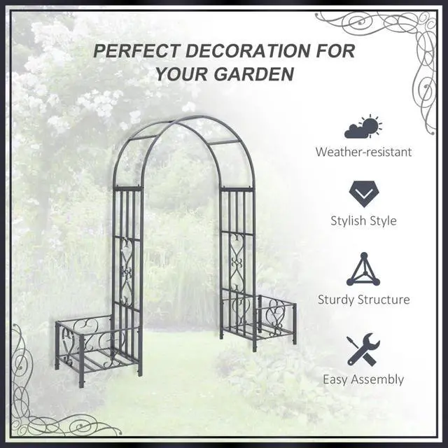 Alt view image 5 of 7 - Garden Arch Arbor with Scrollwork Hearts Pattern and Two Planter Boxes for Growing Flowers, Plants, Outdoor Arbour Archway with Steel Tubing for Ceremony, Weddings, Party