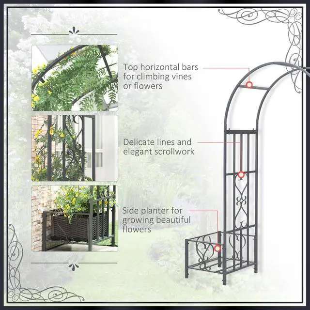 Alt view image 6 of 7 - Garden Arch Arbor with Scrollwork Hearts Pattern and Two Planter Boxes for Growing Flowers, Plants, Outdoor Arbour Archway with Steel Tubing for Ceremony, Weddings, Party