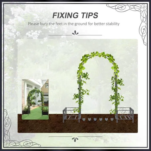 Alt view image 7 of 7 - Garden Arch Arbor with Scrollwork Hearts Pattern and Two Planter Boxes for Growing Flowers, Plants, Outdoor Arbour Archway with Steel Tubing for Ceremony, Weddings, Party