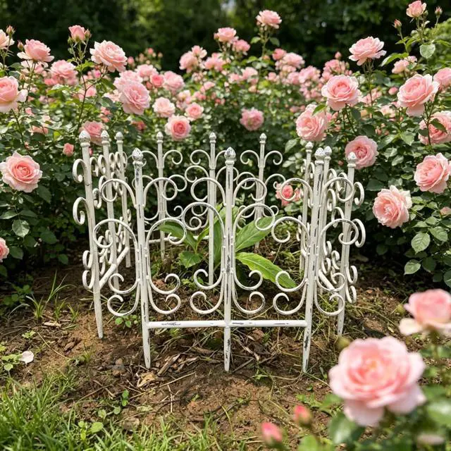 Alt view image 3 of 7 - 4 Pieces Vintage Garden Fence Animal Barrier with Iron Frame for Backyard, Garden, Lawn, Outdoor Metal Border with Rustic Style for Flower Bed, Trees, Plants