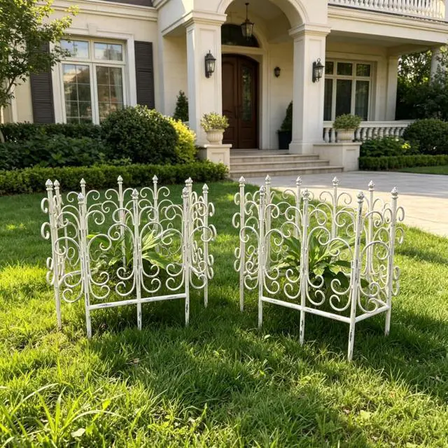 Alt view image 2 of 7 - 4 Pieces Vintage Garden Fence Animal Barrier with Iron Frame for Backyard, Garden, Lawn, Outdoor Metal Border with Rustic Style for Flower Bed, Trees, Plants