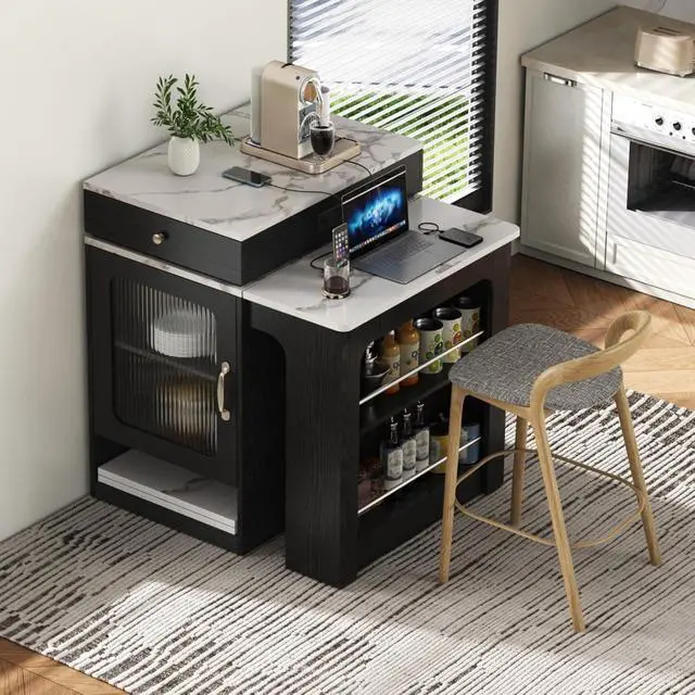 Alt view image 2 of 7 - Kitchen Island with Extendable Dining Table, Kitchen Storage Table with Double-Sided Storage, Kitchen Island with 2 Drawers, Side Open Shelves, Suitable for Kitchen (Black)