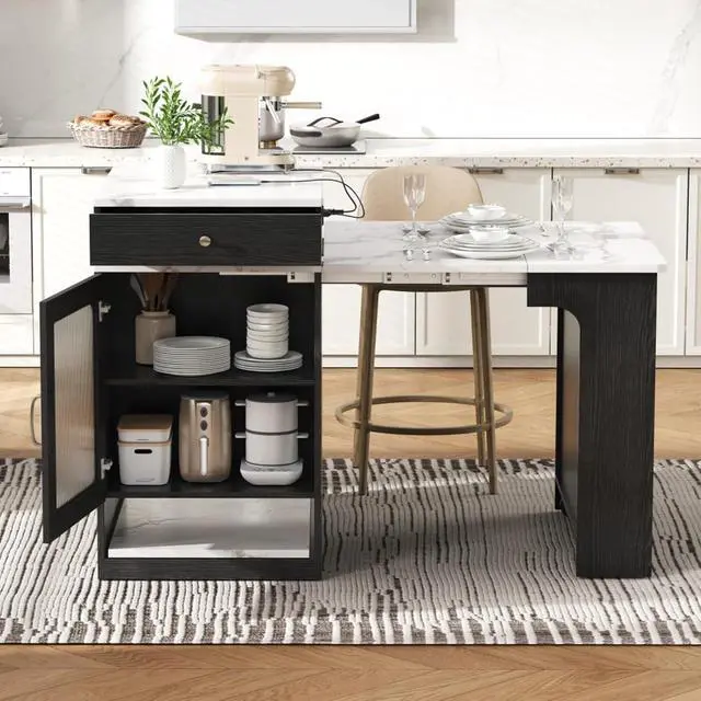Alt view image 3 of 7 - Kitchen Island with Extendable Dining Table, Kitchen Storage Table with Double-Sided Storage, Kitchen Island with 2 Drawers, Side Open Shelves, Suitable for Kitchen (Black)