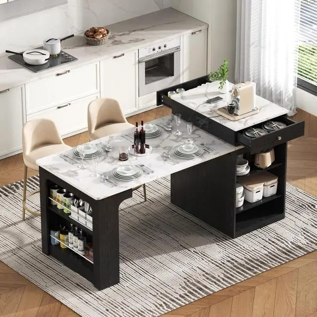Alt view image 4 of 7 - Kitchen Island with Extendable Dining Table, Kitchen Storage Table with Double-Sided Storage, Kitchen Island with 2 Drawers, Side Open Shelves, Suitable for Kitchen (Black)