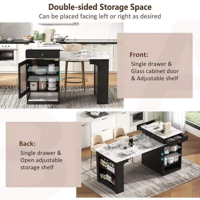 Alt view image 6 of 7 - Kitchen Island with Extendable Dining Table, Kitchen Storage Table with Double-Sided Storage, Kitchen Island with 2 Drawers, Side Open Shelves, Suitable for Kitchen (Black)