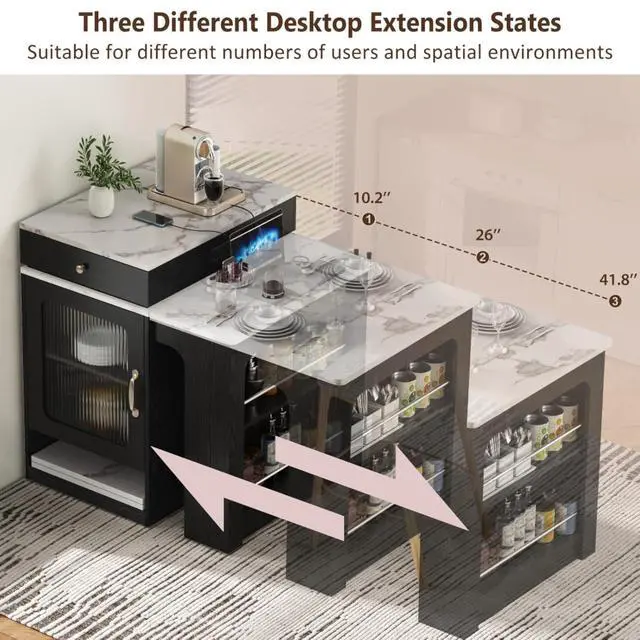 Alt view image 5 of 7 - Kitchen Island with Extendable Dining Table, Kitchen Storage Table with Double-Sided Storage, Kitchen Island with 2 Drawers, Side Open Shelves, Suitable for Kitchen (Black)